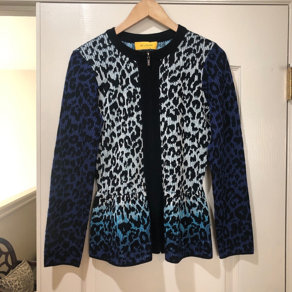 St John Ombré Leopard Peplum Wool Blend Cardigan Sweater $695